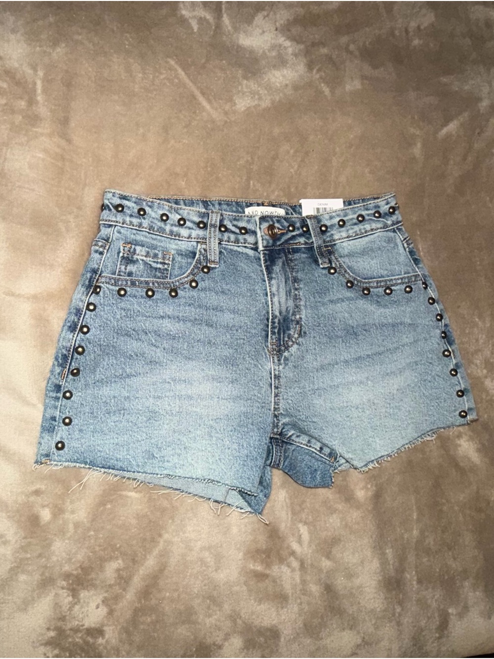 High-Rise Light Blue Studded Denim Shorts